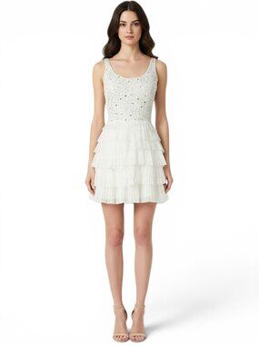 Nina Austin White Silver Sequin Beaded Top with Mesh Tulle Skirt Dress Vintage M